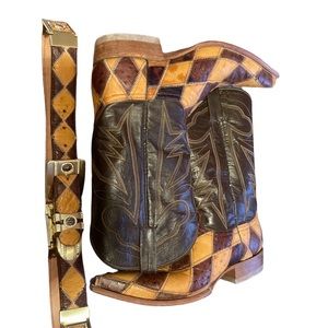 Mens Tan/Cognac Rhombus Patchwork Pointed Toe Western Boots With Matching Belt